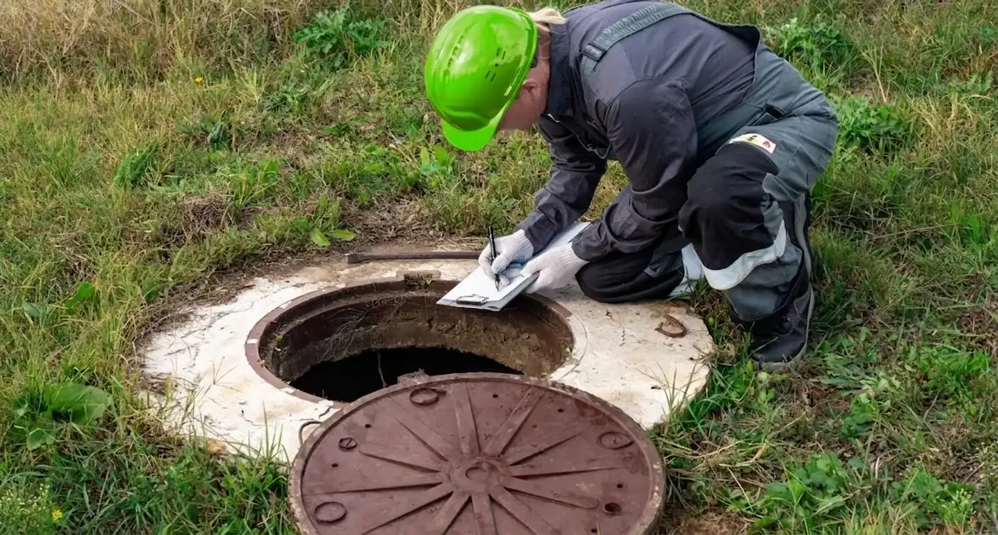 Technician documenting a septic system inspection